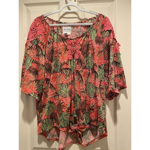 New York Laundry Women's Pink  Botanical Lace Short Sleeve Tie Front Top Size 2X - Picture 1 of 6
